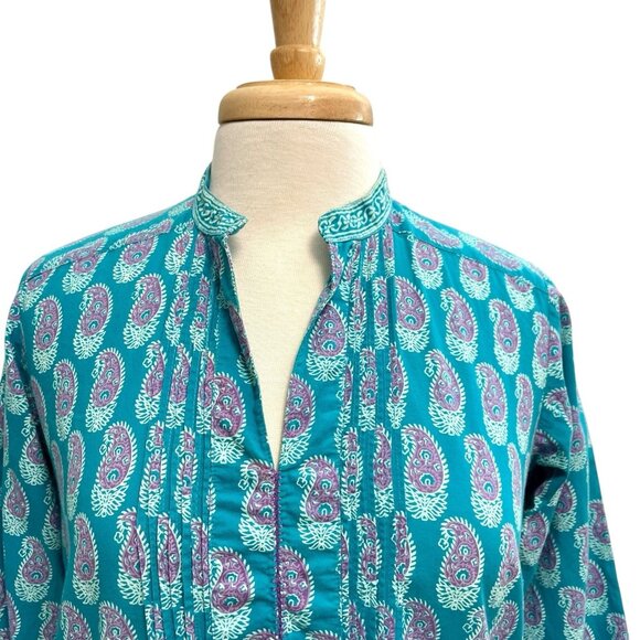 Anokhi Paisley Split-Neck 3/4 Sleeve Blouse Top Turquoise size Small - Picture 2 of 8